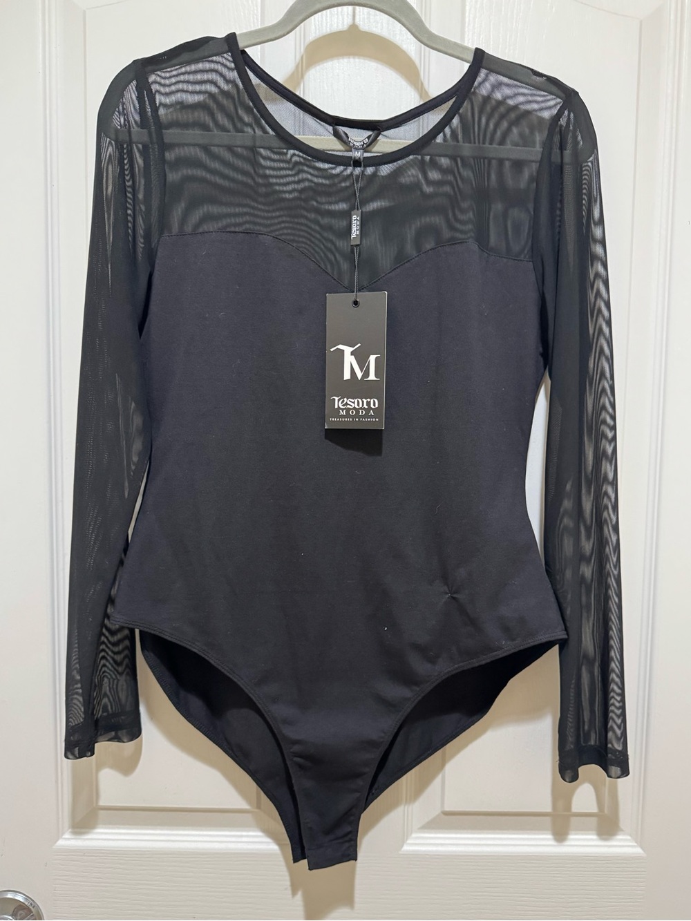 NWT Tesoro Moda Black Sheer Mesh Long Sleeve Bodysuit Size Medium